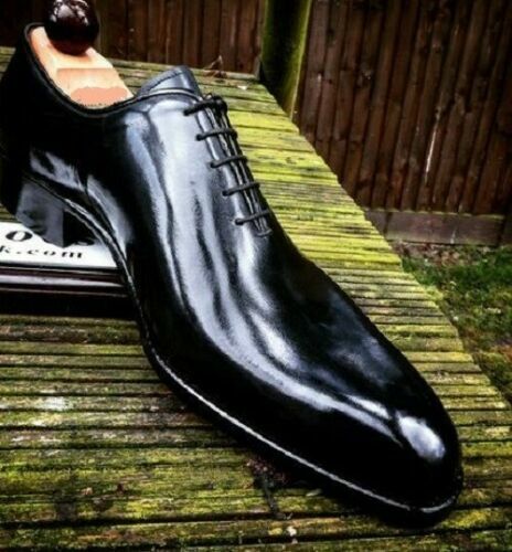 Men Handmade Shoes Shiny Black Leather 