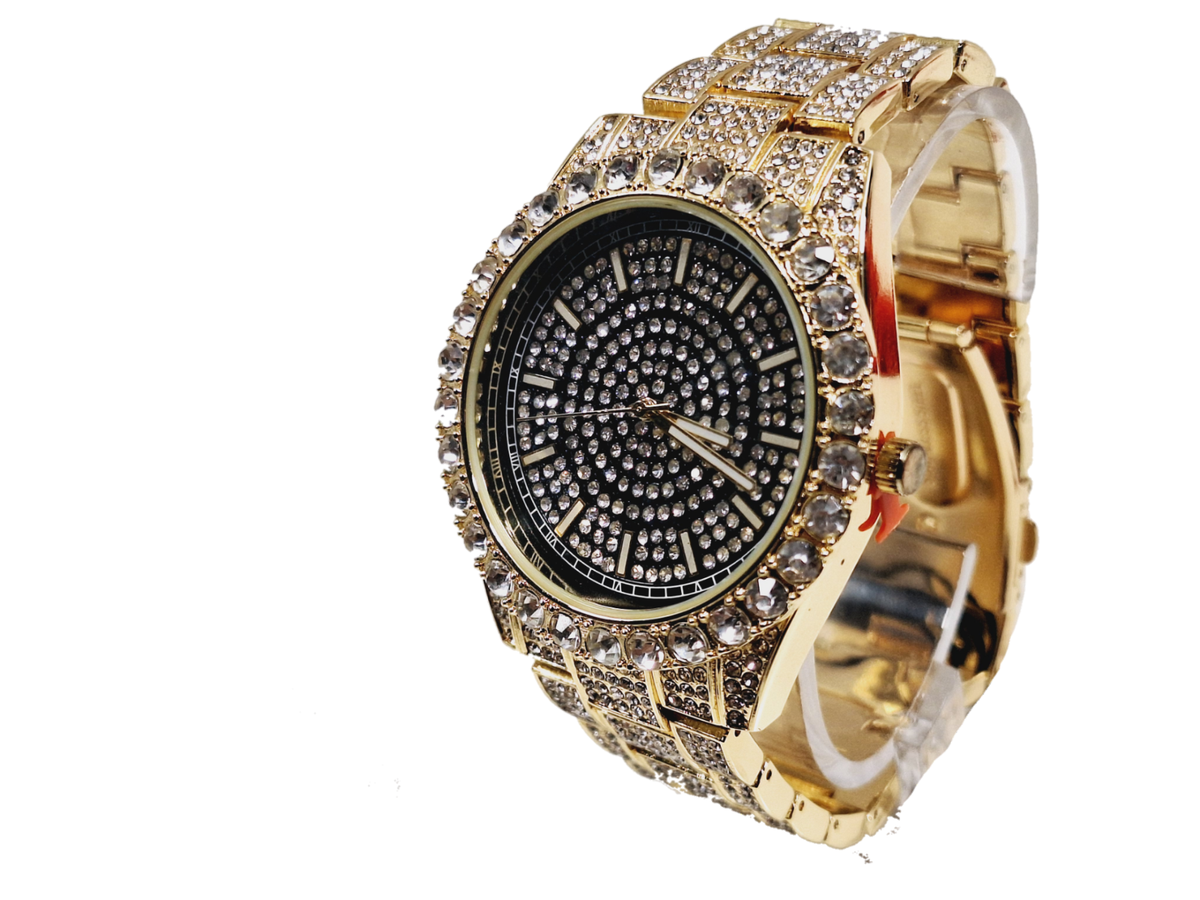 Techno Pave Gold Bezel & Black Face Band Studded Iced Faux  display picture 1