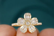 Amazing Flower Shape Design Round & Baguette Cut Moissanite Engagement Ring