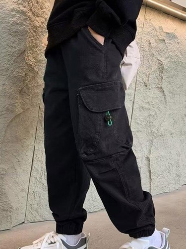 Kids Boy Pure Cargo Pants Cotton Casual Pants Drawstring Loose Jogging Work Pant - Picture 41 of 56