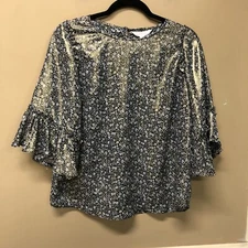Lauren Conrad Liquid Sheen Black Blue Floral Blouse Size S NWT