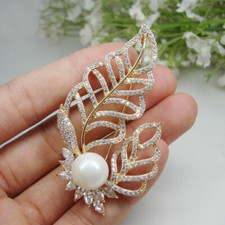 Gorgeous Style Flower Leaf Pearl Woman Brooch Pin Zircon Crystal Gold Tone Gifts