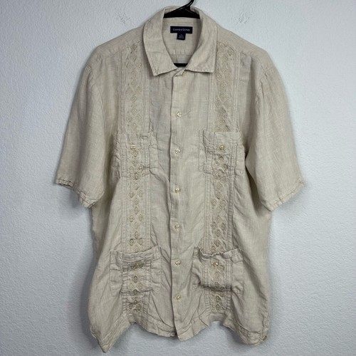 Lands' End Shirt Mens M Beige Linen Short Sleeve Embroidered Guayabera Coastal