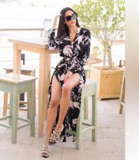 SHEIKE Black Forest Floral Long Sleeve V Neck Split Maxi Dress RRP$170 12AU /8US