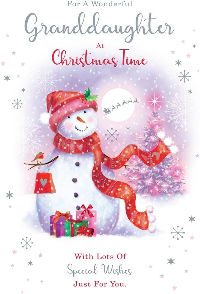 Christmas Card Granddaughter Cute Snowman - Foil Finish 15 x 23 cm