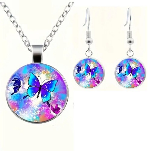 3pcs Set Butterfly Glass Pendant Necklace & Earrings Jewelry Women, Men - Picture 4 of 6