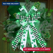 Large LED St. Patrick's Day Bows with Glitter Shamrock for Wreaths and Decor