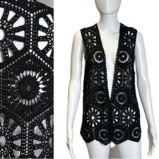 Black Crochet Knit Granny Square Patchwork Open Front Cardigan Vest Womens Small