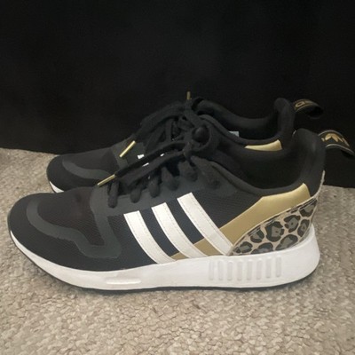 Women s adidas Multix Low Top Lace Up Sneakers Black White Gold Leopard Print