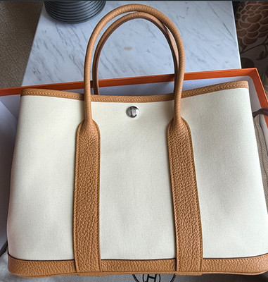 New Hermes Garden Party 30 Vanilla Vanille Naturel Sable Canvas Leather Tote Bag