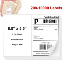 8.5x5.5 Half Sheet Blank Shipping Labels Round Corner 2 Per Sheet Self Adhesive