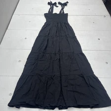 Black Maxi Dress Womens Medium Tiered Smocked Bodice Tie Strap Sundress Flowy