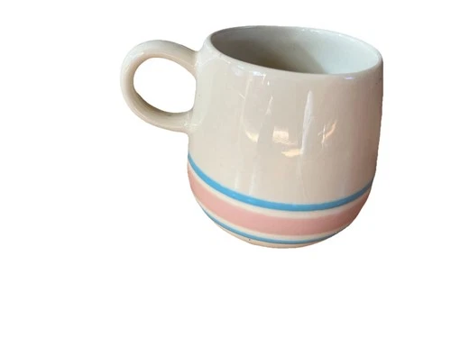 Vintage McCoy Pottery Cream W/ Pink & Blue Stripes Mug 2pc Set ~ Made In USA