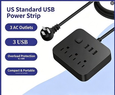 Wall Mountable USB Surge Protector Power Strip with 3 USB Ports & 3 Outlet Plugs