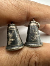 Vintage Sterling Silver Siam Dancer Bell Charms Pair Engraved Enamel Miniature
