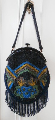 Antike Vintage 20er Jahre schwarz & mehrere Perlen Handtasche mit schwarzem Zelluloidrahmen