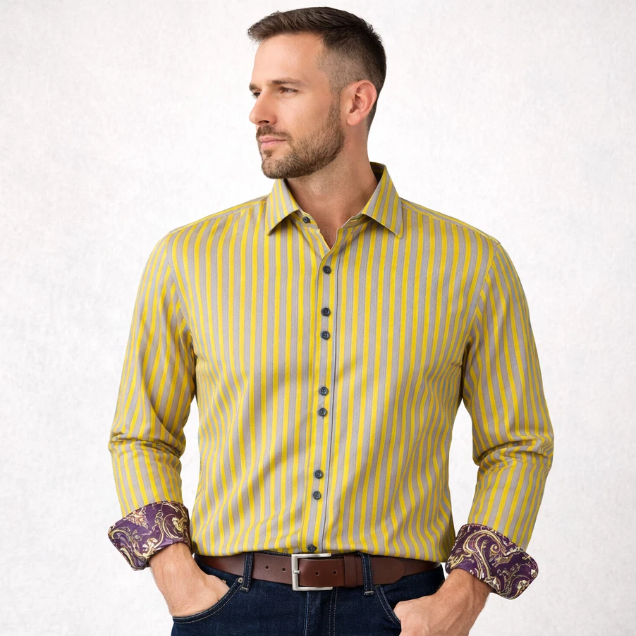 Yellow Striped Casual Button-Down Shirts for Men for sale | eBay