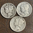 Three 1935 S , 1943 , and 1945 D Mercury Silver Dimes Fine / Very Fine