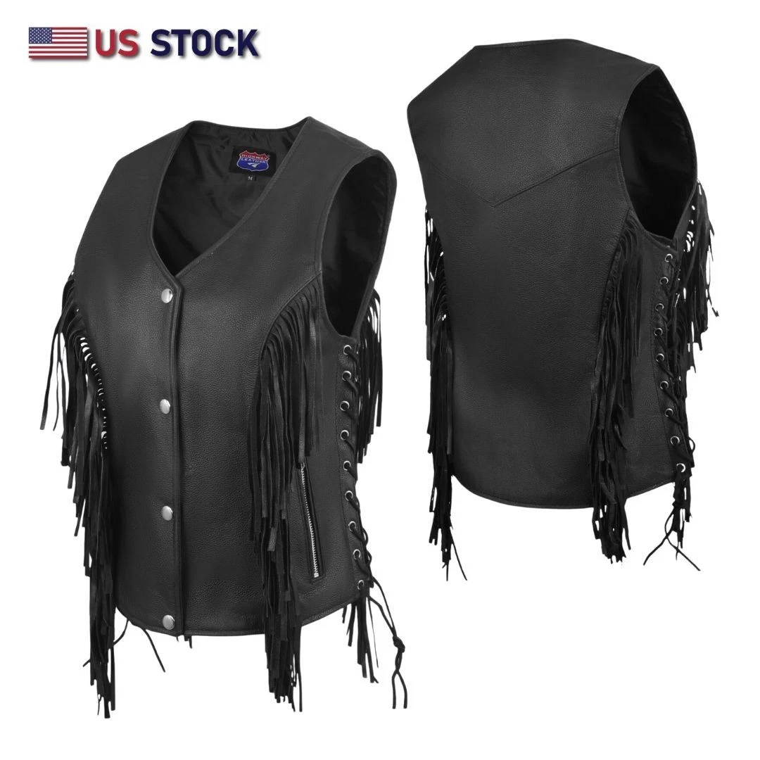 HL14858FRINGE Women's Black Buffalo Leather Vest with Fringe and Side Lace