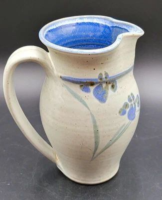Vintage Ringquist Studio Pottery Pitcher, Hand Stoneware Jug, Blue Iris, Signed - Image 1 of 4