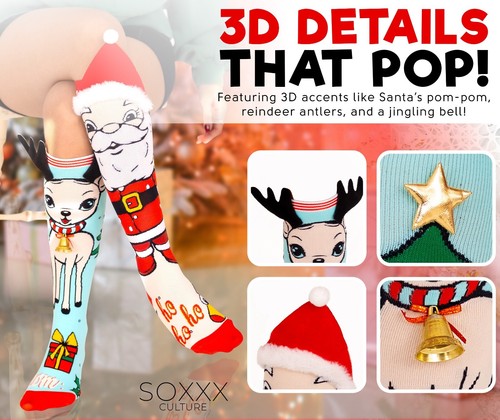 Christmas Knee-High Socks Women Girls Festive 3D Santa Reindeer Novelty Socks - Picture 2 of 22