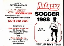 1988 NEW JERSEY RUTGERS MEN'S SOCCER SCHEDULE - UNFOLDED - DAVE MUELLER