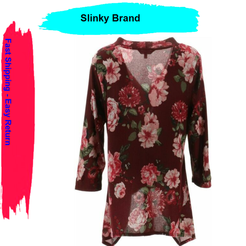 Slinky® Brand Sweater Knit Jacket Sharkbite Hem 678-000 , Wine Floral , Large - Picture 3 of 4