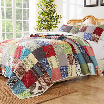 BOHO FARMHOUSE 3p King QUILT SET : RENEE COTTON PATCHWORK RED BLUE