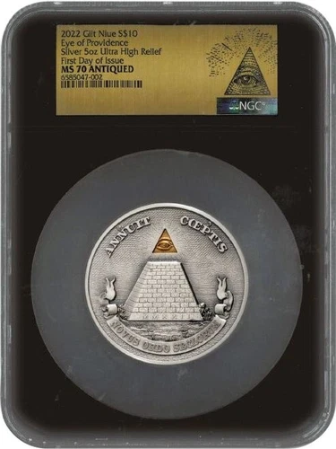 2022 $10 Niue 5oz Gilt Silver Eye of Providence UHR NGC MS70 Antiqued FDOI