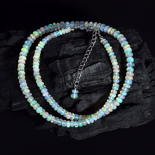 A++ Genuine Ethiopian Smooth Opal Rondelle Gemstone Beaded Women Necklaces 24'' - Picture 8 of 16