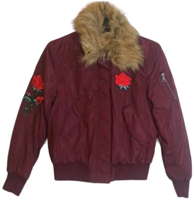 Ultim8 Brand burgundy faux fur collar rose appliqué bomber Jacket  Juniors Sz Xl