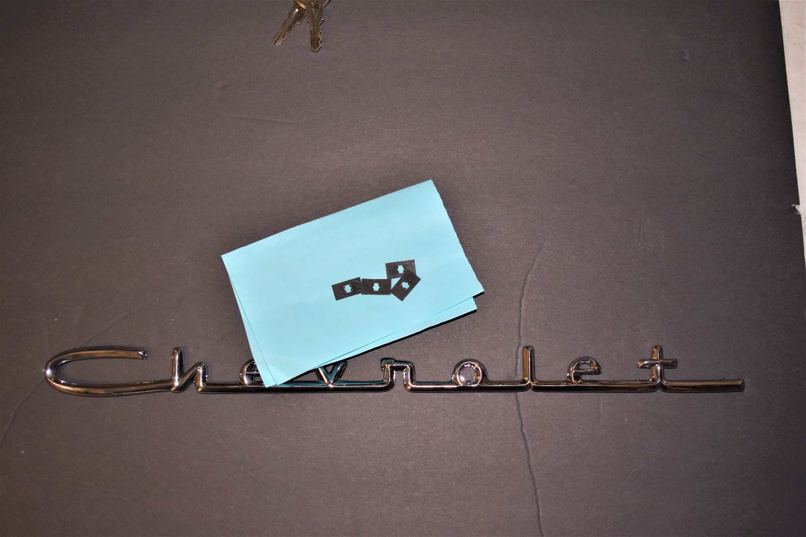 57 1957 Chevy Chevrolet V8 Hood or Trunk Chrome Script Emblem & Clips ...