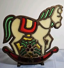 Vintage Stained Glass Cast Iron Christmas Rocking Horse Votive Candle Holder 