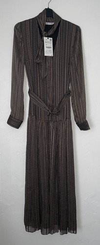 ZARA BLACK BROWN LONG FLOWING PRINTED DRESS WITH BELT PUSSY BOW SIZE XS - Picture 7 of 11