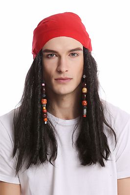 Perücke & Bandana Kopftuch Karneval lang schwarz Perlen Piratin Pirat Seeräuber