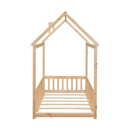 Natural Color Twin Size House Bed with Guardrails Slats Bed Frame - Picture 3 of 12