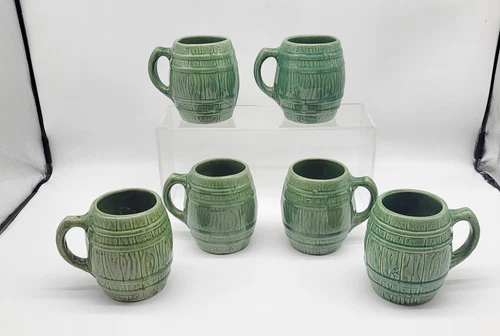 6 Vintage McCoy Green Stoneware, pottery barrel shape mugs