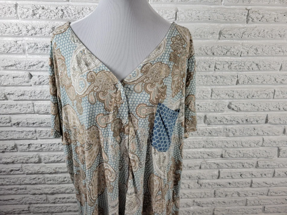 Live Well Womens Top 22W 24W Plus Pajama Blue Tan Paisley Pocket Loungewear Soft - Image 3 of 4
