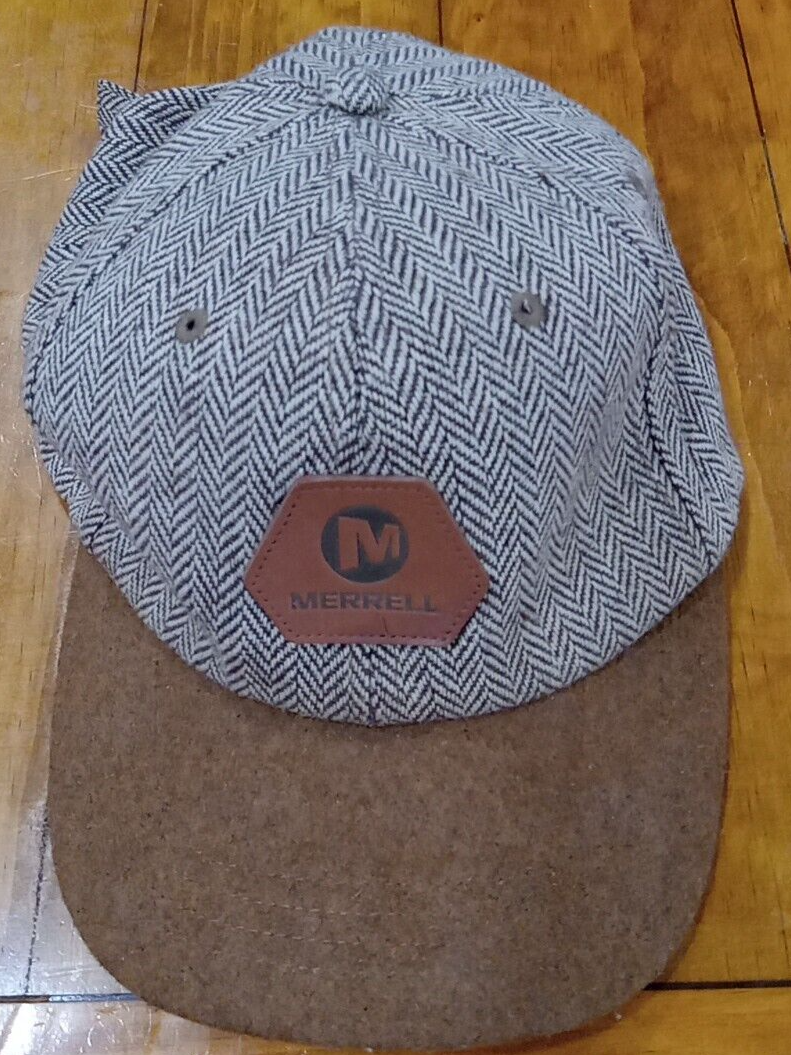 Cappello berretto Merrell spina di pesce tweed lana cinturino posteriore regolabile toppa pelle