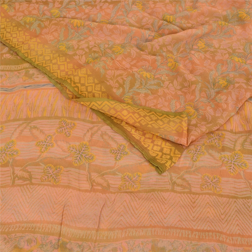 Sanskriti Vintage Sarees Indian Pink Pure Chiffon Silk Printed Sari Craft Fabric - Image 3 of 4