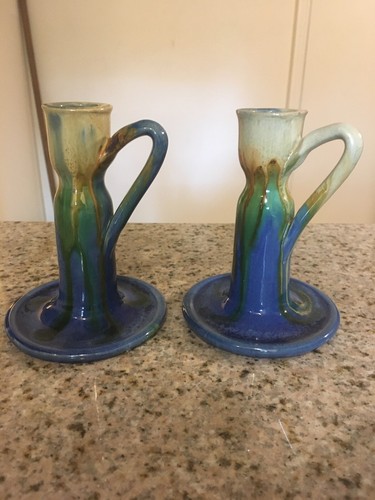 Handmade Signed Pottery Pair of Candle Holders with Handle - Picture 2 of 4