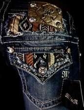  108 Buckle Miss Me Jeans "Phoenix Sequins Stitch" Flaps  Yoke Skinny 24 X 32