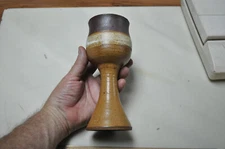 Studio Art Pottery  Stoneware Wine Goblet Chalice Tan Brown Speckled Signed 