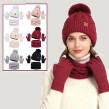 Hat Scarf Gloves Set Thickened Pompom Beanies Women Winter Accessories Outdoor-