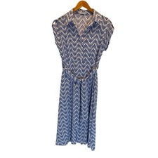 Mango Bow Midi Shirt Dress Blue White Geometric Print Cap Sleeves Size 6