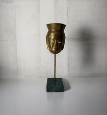 Vintage Asian Male Brass gold Head Face Mask With Marble Base 12” Tall