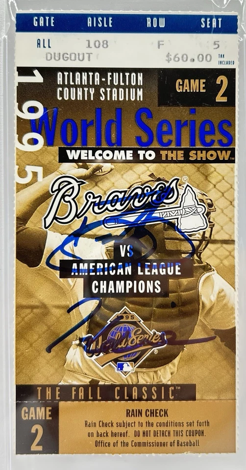 Tom Glavine & David Justice Signed 1995 World Series Gm 2 Ticket Stub PSA/DNA 10 - Image 2 of 3