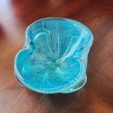 Vtg Murano Art Glass Bowl Ashtray Turquoise Blue Silver Leaf Inclusions READ