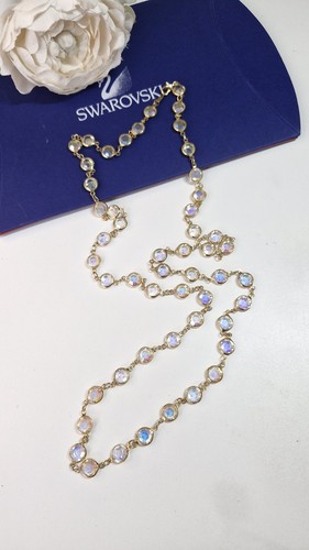 Vintage Swarovski Crystal Bezel set clear gold plated necklace long 34 inch vgc