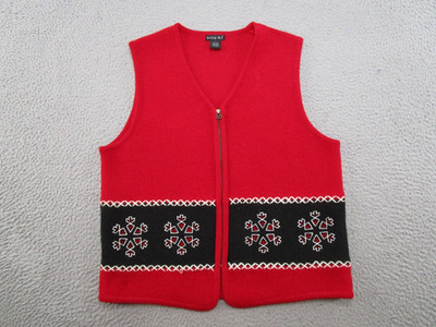 Tally-Ho Women's 100% Wool Sweater Vest Zip Up Size L Christmas Snowflake Read